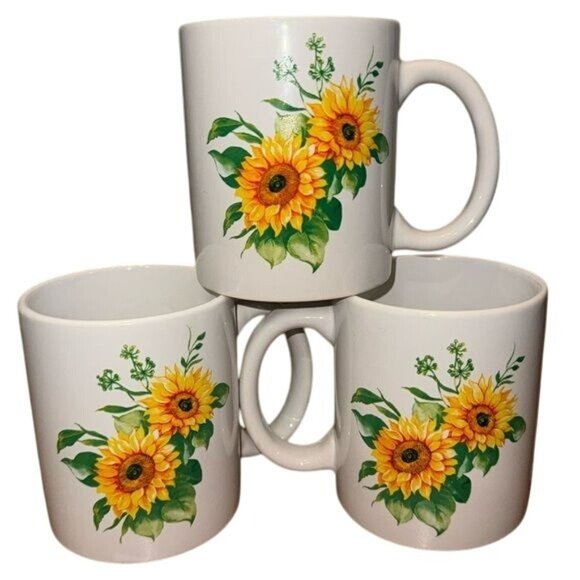 Sunflower Ceramic Coffee Mugs  Set Of 3 Flower Design - Picture 1 of 5